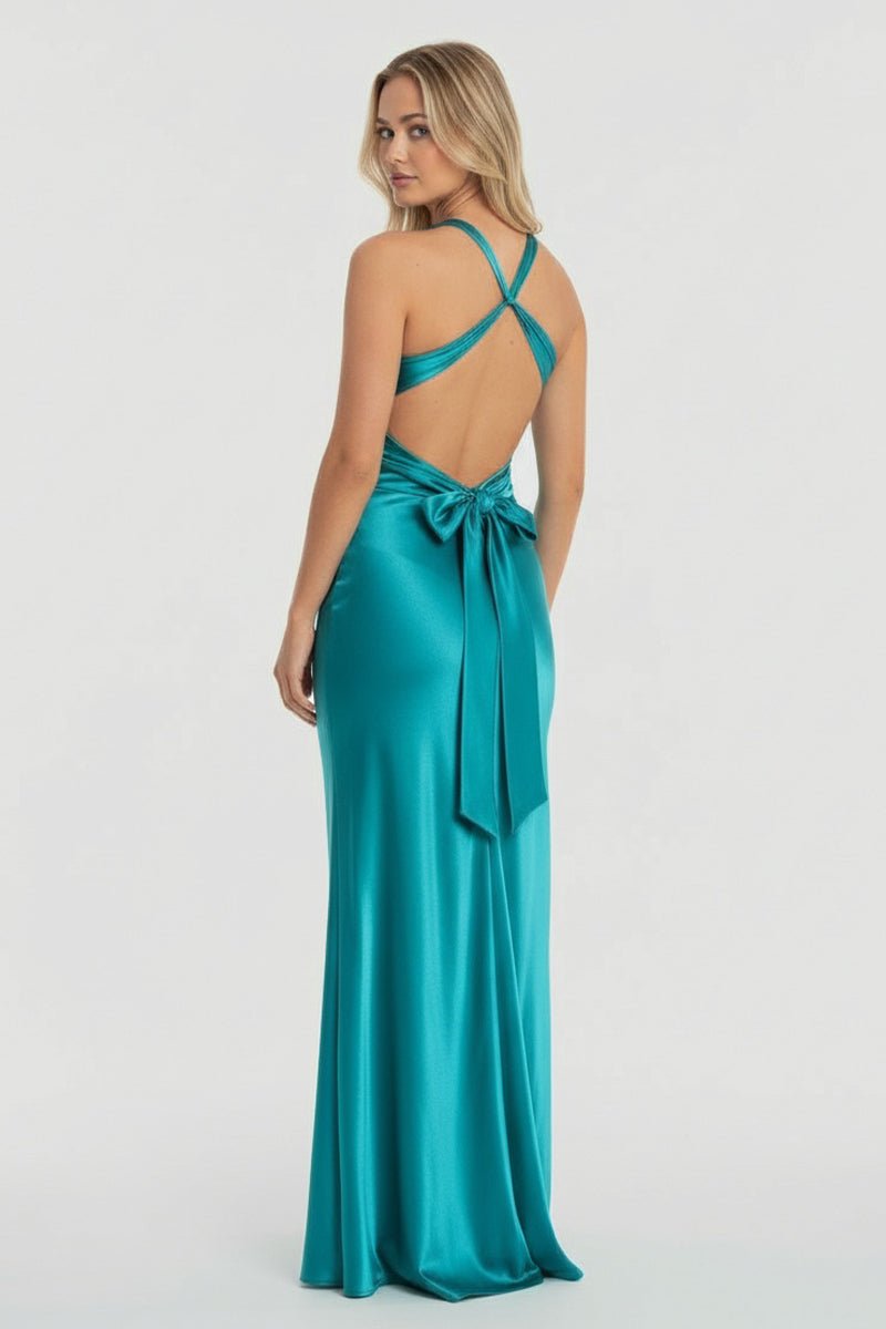 Turquoise Halter V-Neck Pleated Satin Sleeveless Long Prom Party Dress