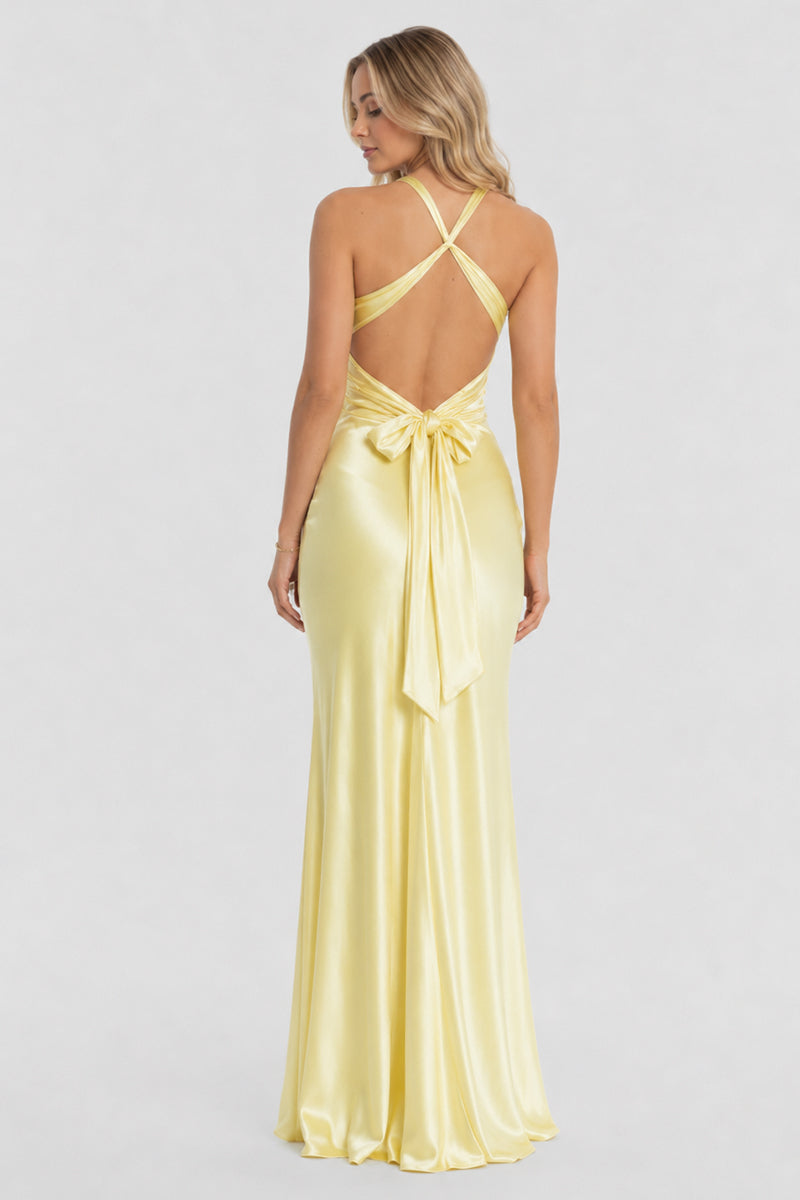 Turquoise Halter V-Neck Pleated Satin Sleeveless Long Prom Party Dress