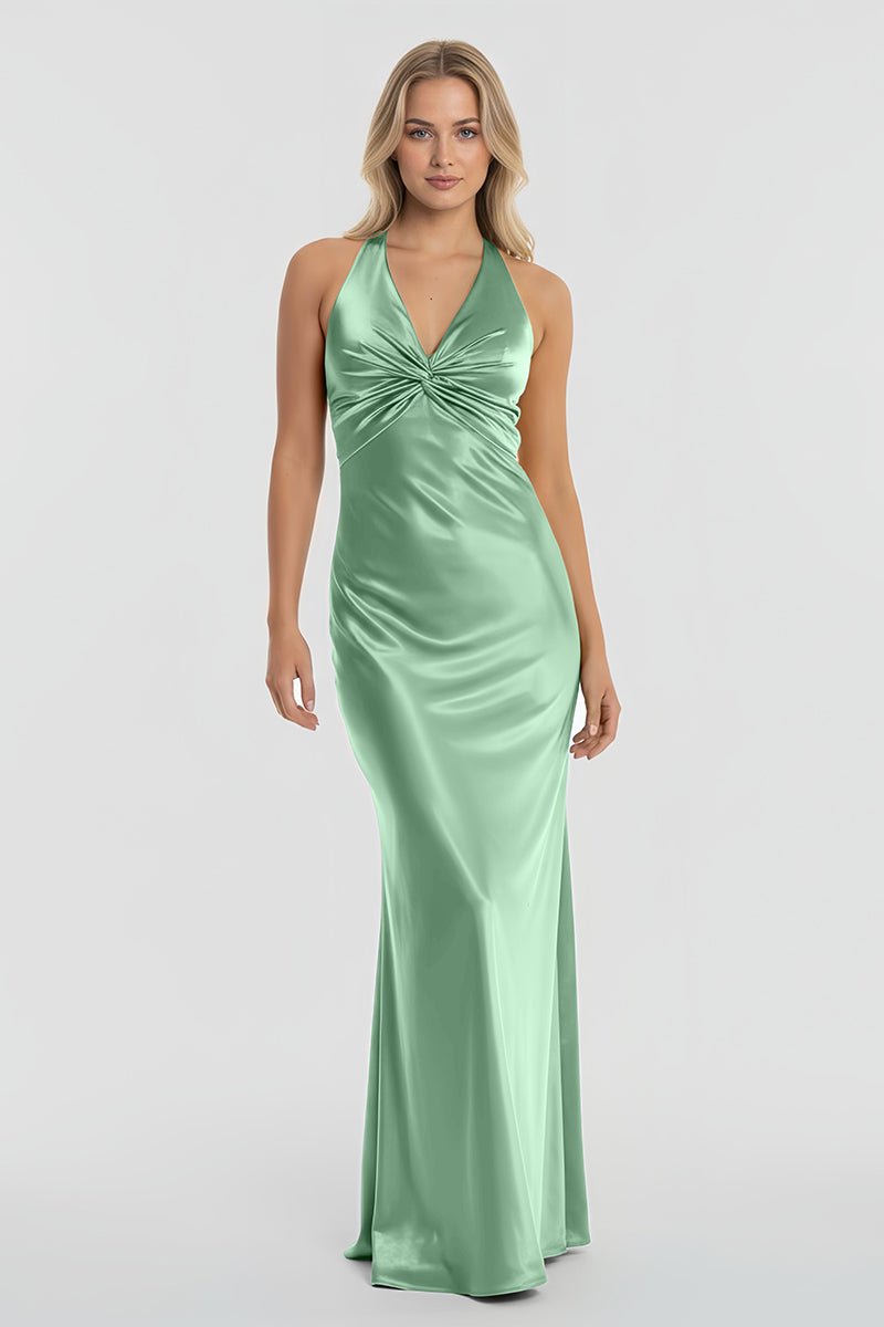 Turquoise Halter V-Neck Pleated Satin Sleeveless Long Prom Party Dress