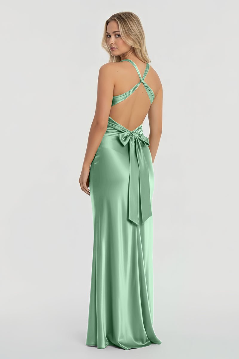 Turquoise Halter V-Neck Pleated Satin Sleeveless Long Prom Party Dress