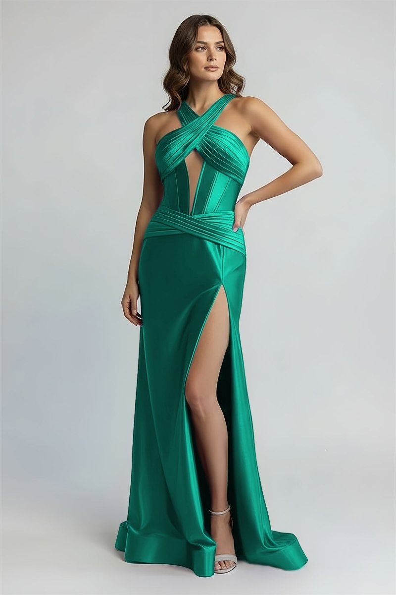 Green Satin Mermaid Slit Prom Dress with Criss Cross Neck