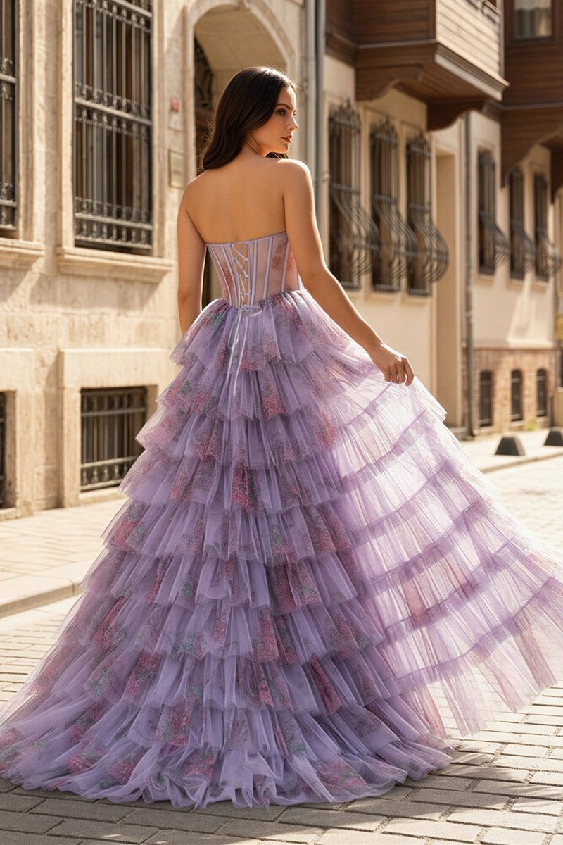 Purple Sweetheart A Line Tulle Printed Ruffle Tiered Prom Dresses With Slit